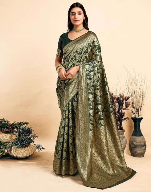Vasthrlay Womens Banarasi Unstitched Olive Green Saree
