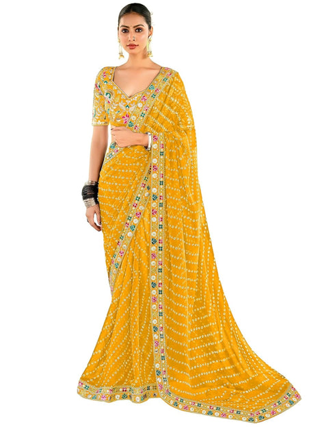 Vasthrlay Georgette Bandhani Unstitched Yellow Saree