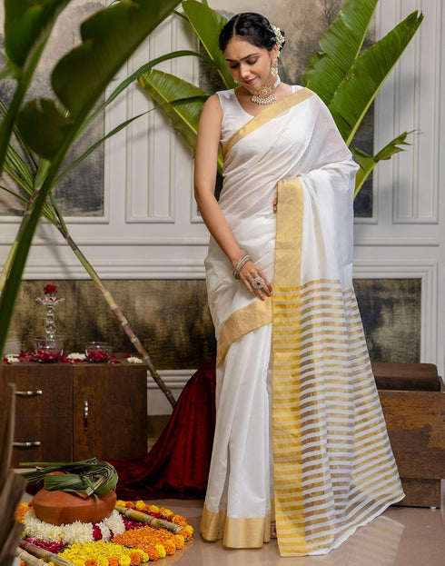 Vasthrlay Special Stripes Unstitched White Saree