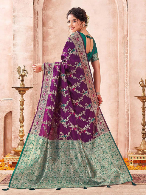 Vasthrlay Womens Banarasi Dark Purple Saree With Green Unstitched Blouse Piece