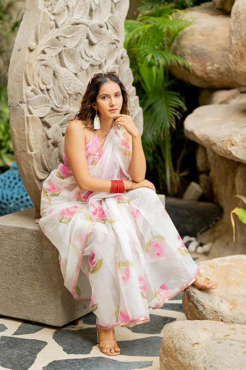 Vasthrlay Fashion Organza Printed White Ethnic Wear