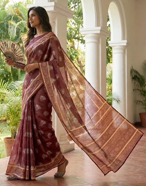 Vasthrlay Chanderi Printed Unstitched Beige Saree