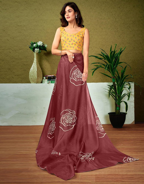 Vasthrlay Chanderi Printed Brown Saree With Unstitched Blouse Piece