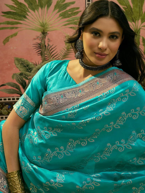 Vasthrlay Banarasi Weaving Unstitched Teal Saree