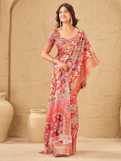 Vasthrlay Printed Jacquard Unstitched Dusty Pink Saree