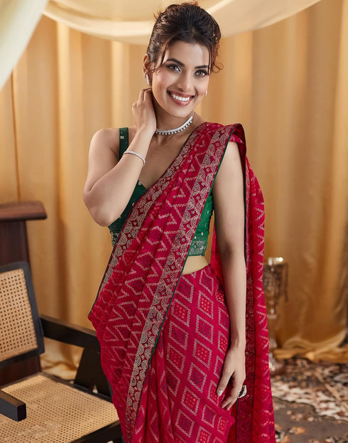 Vasthrlay Georgette Bandhani Unstitched Red Saree