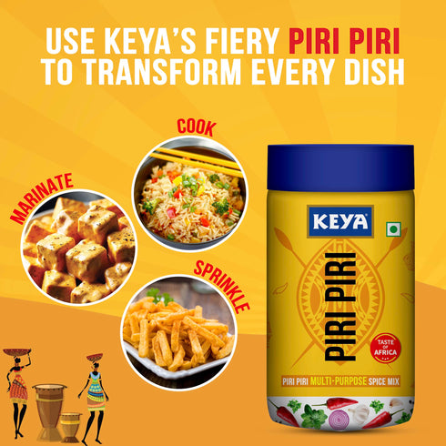 Keya Piri Piri Peri Peri Exotic Spice Mix Multi purpose Seasoning Zero Artifical Colours No Added MSG Instant Seasoning Mix Marinade Mix Dip Mix Sprinkler Perfect for Fries Sweet Corn Makhana Papad Khichdi