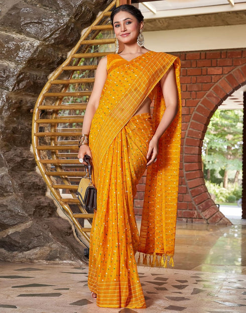 Vasthrlay Bandhani Printed Unstitched Yellow Saree