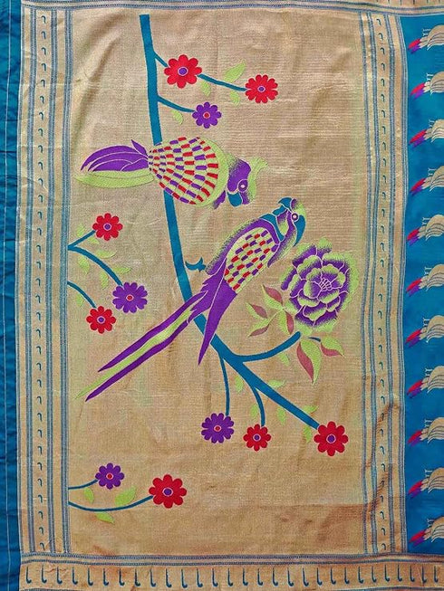 Vasthrlay Weaving Paithani Teal Blue And Golden Border Saree With Unstitched Blouse Piece