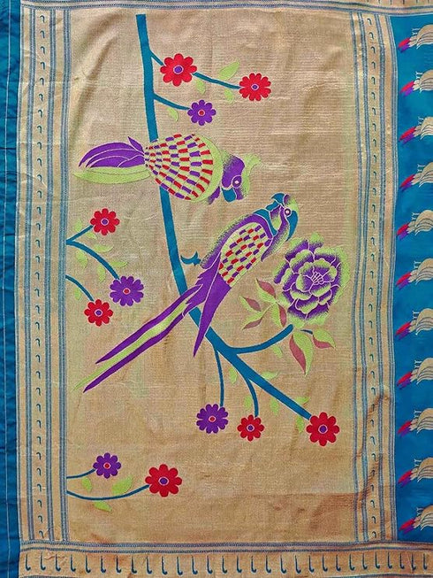 Vasthrlay Weaving Paithani Unstitched Teal Saree