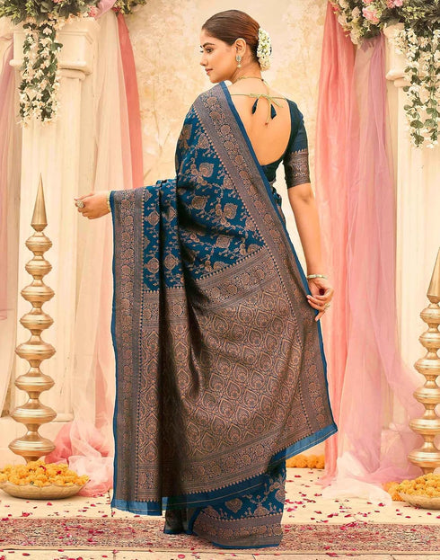 Vasthrlay Womens Weaving Dark Blue | Copper Saree With Unstitched Blouse Piece