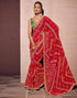 Vasthrlay Georgette Embroidery Light Red Saree With Green Unstitched Blouse Piece