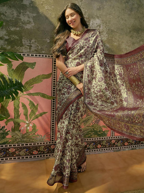 Vasthrlay Womens Printed Unstitched Beige Saree