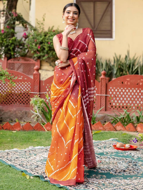 Vasthrlay Bandhani Printed Unstitched Peach Saree