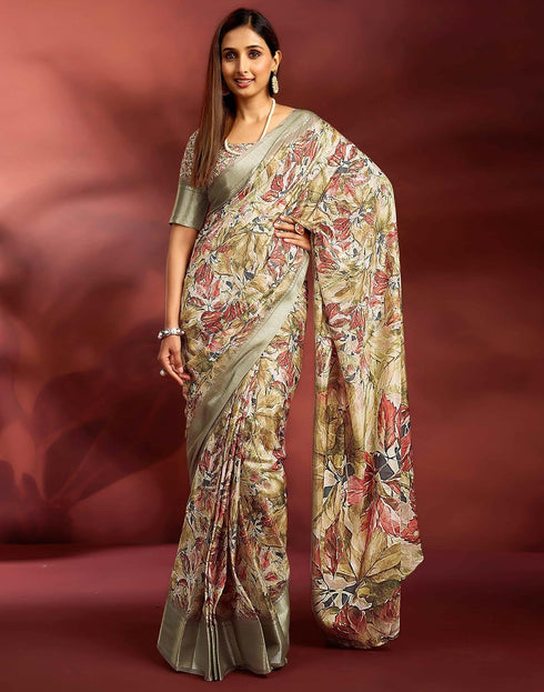 Vasthrlay Printed Jacquard Beige Saree With Unstitched Blouse Piece