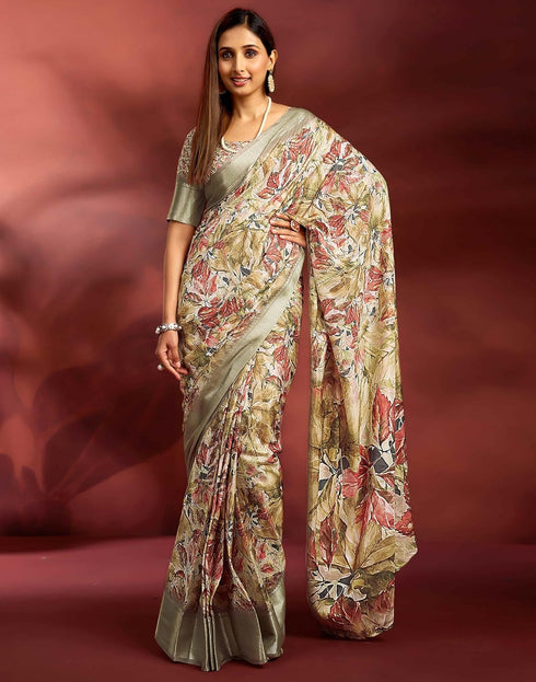 Vasthrlay Printed Jacquard Unstitched Rama Green Saree