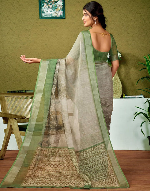 Vasthrlay Womens Cotton Printed Green Saree With Unstitched Blouse Piece