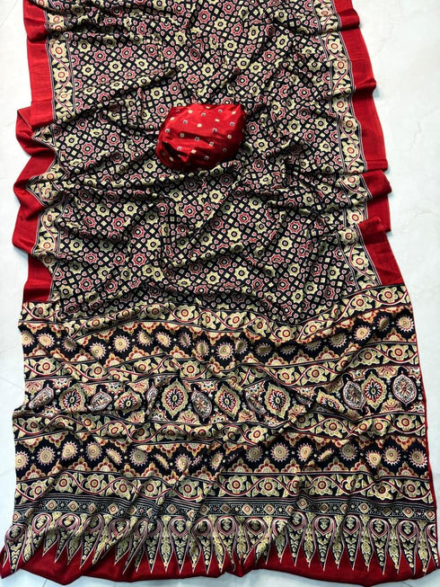 Vasthrlay Ajrakh Saree Crepe