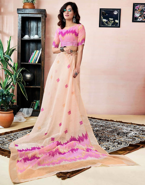 Vasthrlay Womens Printed Light Peach And Pink Saree With Unstitched Blouse Piece