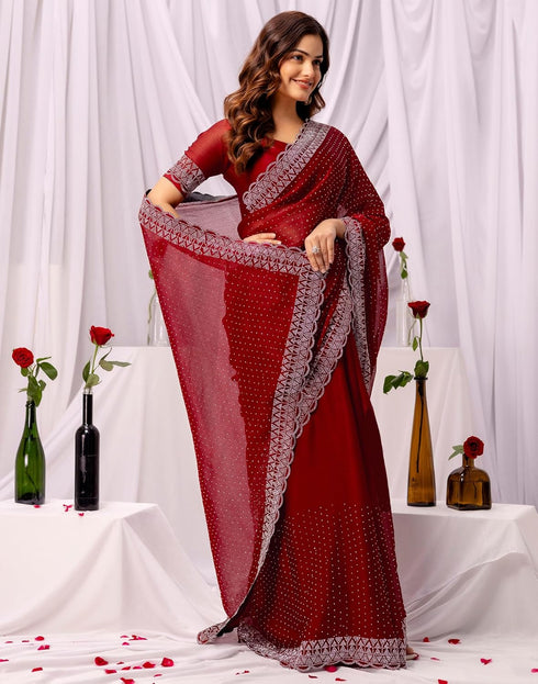 Vasthrlay Chiffon Scalloped Unstitched Maroon Saree