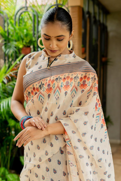 Vasthrlay Fashion Assamese Digital Cream Ethnic Wear