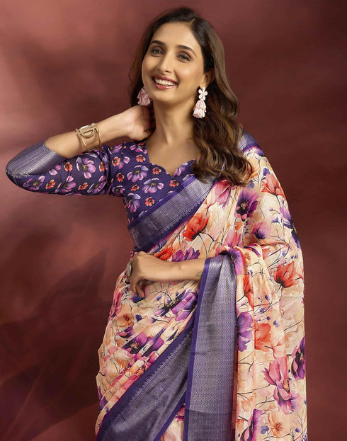 Vasthrlay Womens Printed Unstitched Navy Blue Saree