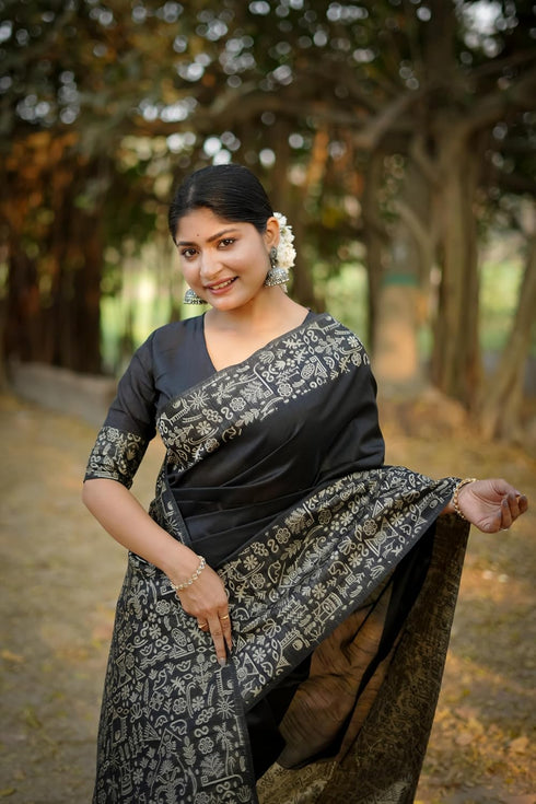 Vasthrlay Tussar Kalamkari Geometric Floral Design
