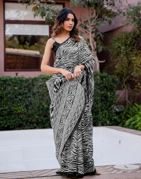 Vasthrlay Womens Printed Unstitched White Saree