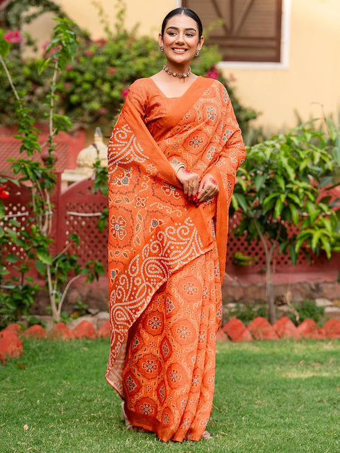 Vasthrlay Bandhani Printed Light Orange Saree With Unstitched Blouse Piece