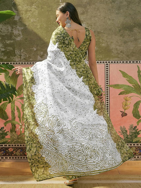 Vasthrlay Womens Printed Off-White And Parrot Green Saree With Unstitched Blouse Piece
