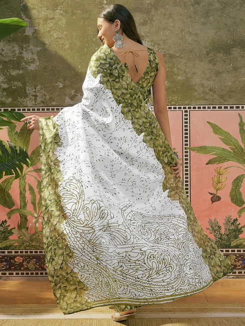 Vasthrlay Womens Printed Unstitched Beige Saree