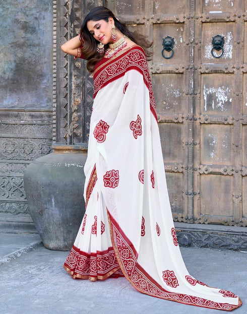 Vasthrlay Bandhani Georgette Unstitched White Saree