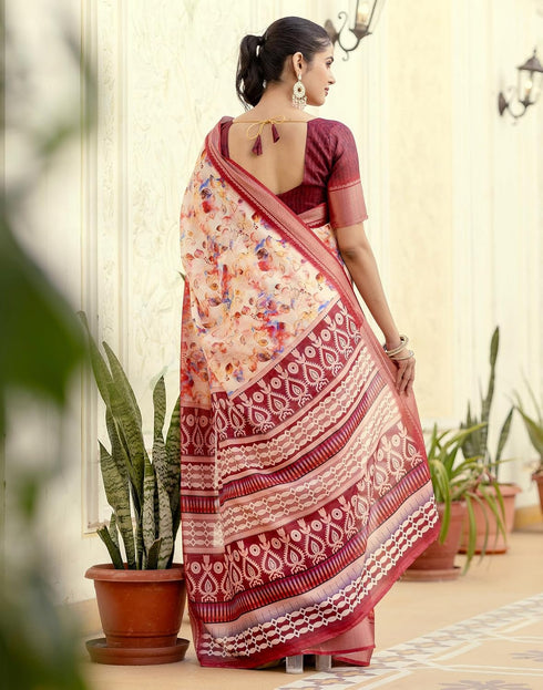 Vasthrlay Womens Printed Cream Saree With Red Unstitched Blouse Piece