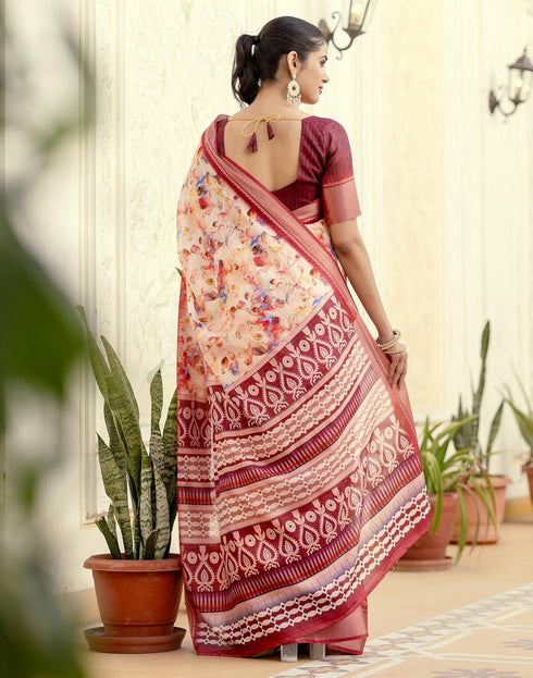Vasthrlay Womens Printed Unstitched Beige Saree