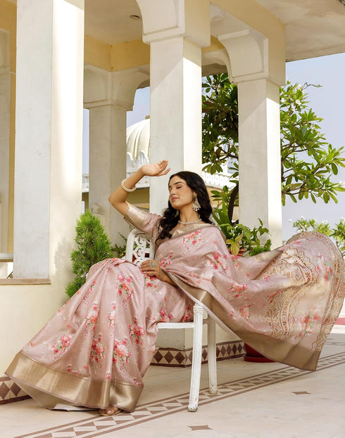 Vasthrlay Womens Printed Unstitched Beige Saree
