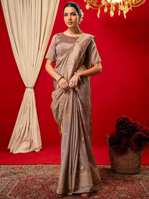 Vasthrlay Vichitra Printed Unstitched Maroon Saree