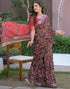 Vasthrlay Womens Printed Black | Red Saree With Unstitched Blouse Piece