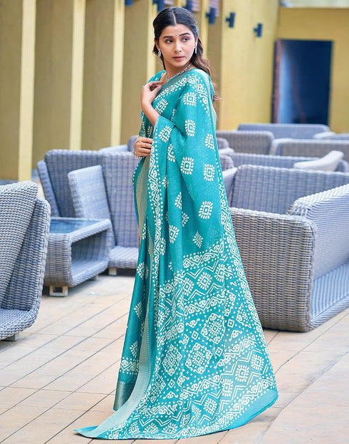 Vasthrlay Printed Weaving Turquoise And White Saree With Unstitched Blouse Piece