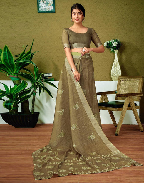 Vasthrlay Womens Cotton Printed Green Saree With Unstitched Blouse Piece