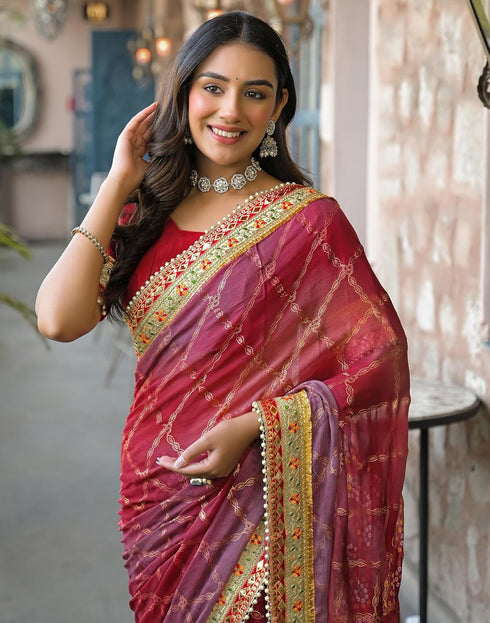 Vasthrlay Bandhani Embroidery Unstitched Pink Saree