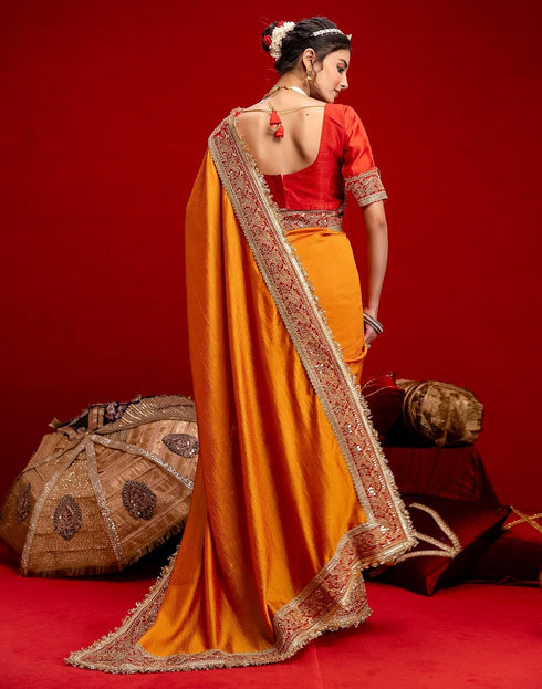 Vasthrlay Vichitra Embroidery Orange Saree With Red Unstitched Blouse Piece
