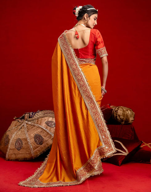 Vasthrlay Vichitra Embroidery Unstitched Red Saree