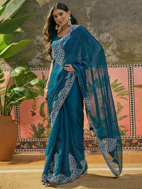 Vasthrlay Shimmer Scalloped Unstitched Peacock Blue Saree