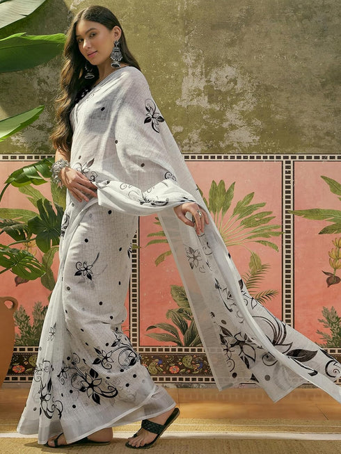 Vasthrlay Womens Printed Unstitched White Saree
