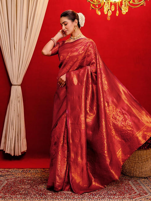 Vasthrlay Womens Kanjivaram Unstitched Dusty Pink Saree