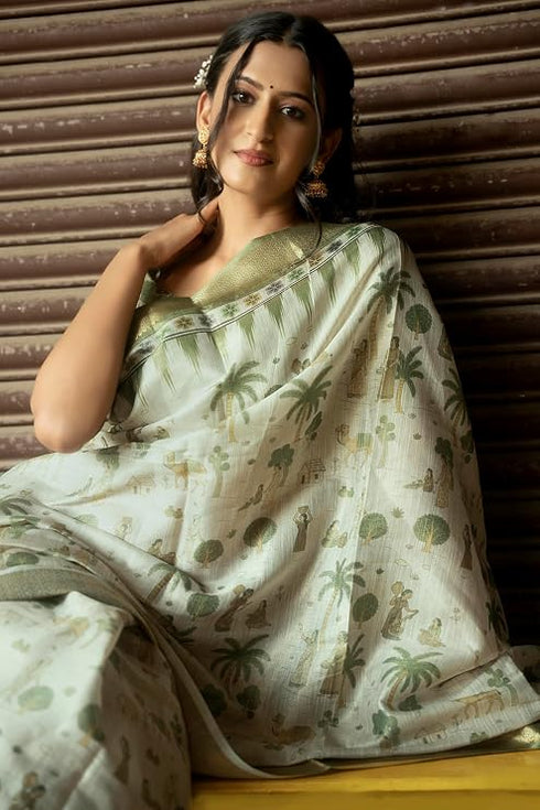 Vasthrlay Sage Green Abstract Print Polyester Saree With Zari Border And Unstitched Blouse Piece
