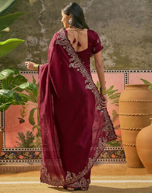 Vasthrlay Scalloped Embroidery Unstitched Maroon Saree