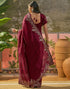 Vasthrlay Scalloped Embroidery Unstitched Maroon Saree
