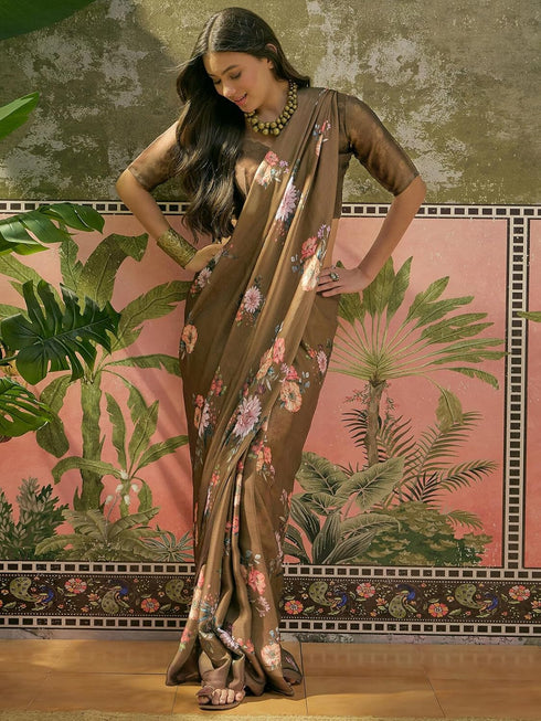 Vasthrlay Womens Printed Unstitched Dark Green Saree