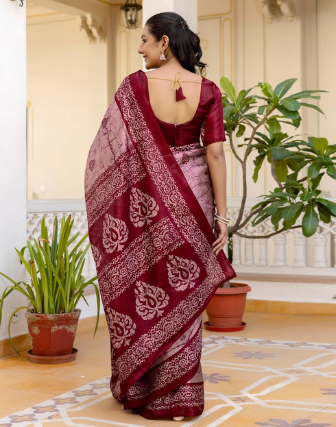 Vasthrlay Womens Printed Unstitched Maroon Saree